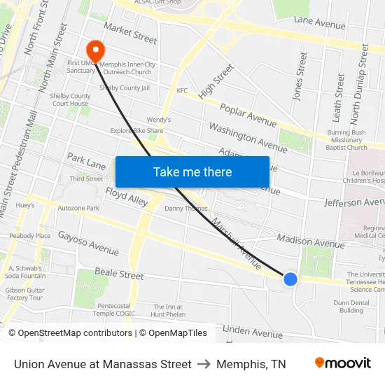 Union Avenue at Manassas Street to Memphis, TN map