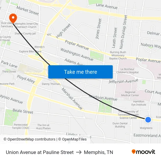 Union Avenue at Pauline Street to Memphis, TN map