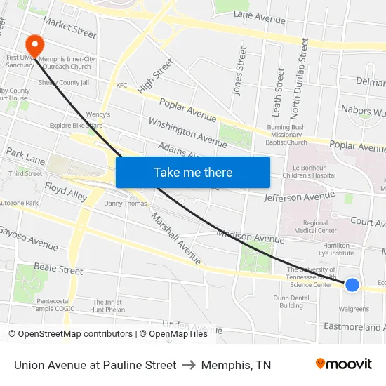 Union Avenue at Pauline Street to Memphis, TN map
