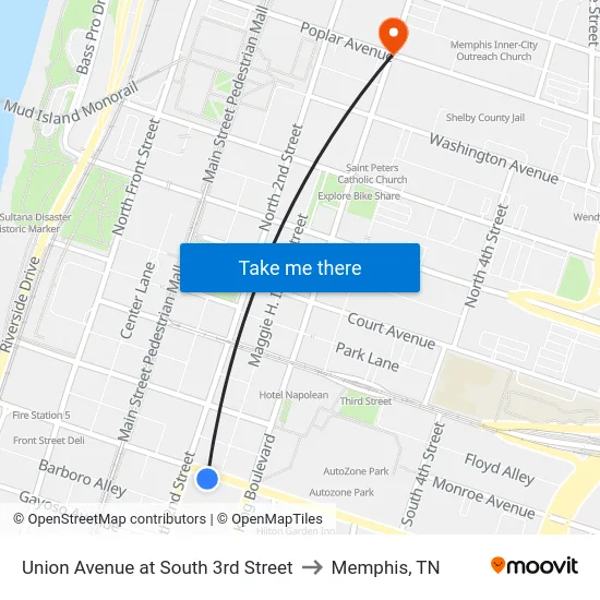 Union Avenue at South 3rd Street to Memphis, TN map