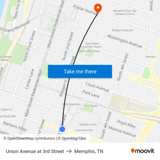Union Avenue at 3rd Street to Memphis, TN map