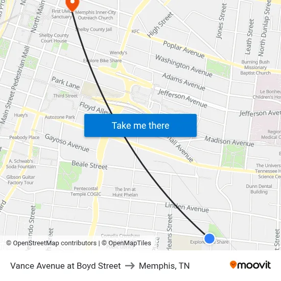 Vance Avenue at Boyd Street to Memphis, TN map