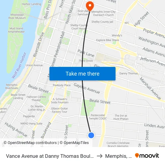 Vance Avenue at Danny Thomas Boulevard to Memphis, TN map