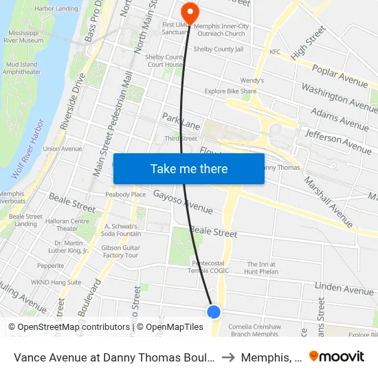 Vance Avenue at Danny Thomas Boulevard to Memphis, TN map