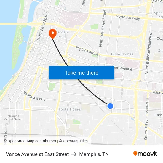 Vance Avenue at East Street to Memphis, TN map