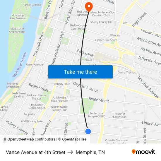 Vance Avenue at 4th Street to Memphis, TN map
