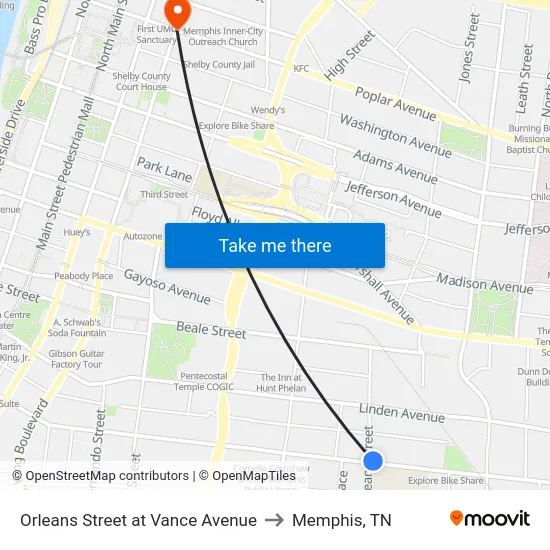 Orleans Street at Vance Avenue to Memphis, TN map