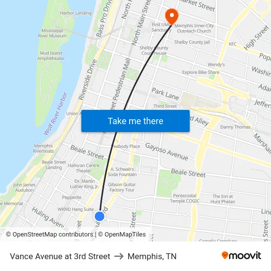 Vance Avenue at 3rd Street to Memphis, TN map