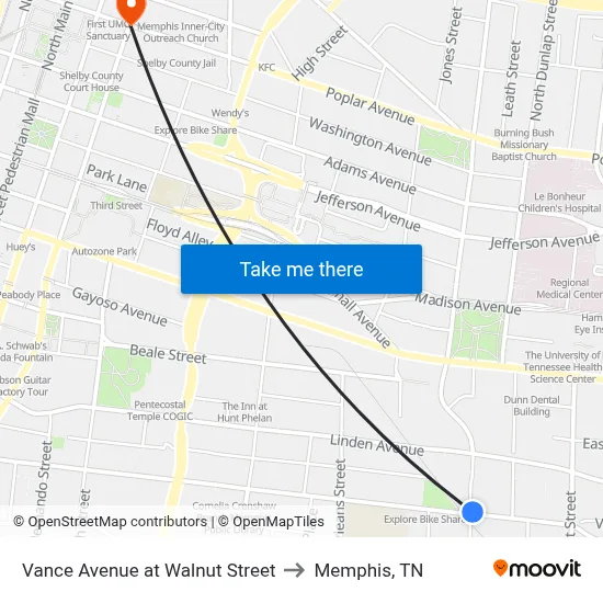 Vance Avenue at Walnut Street to Memphis, TN map