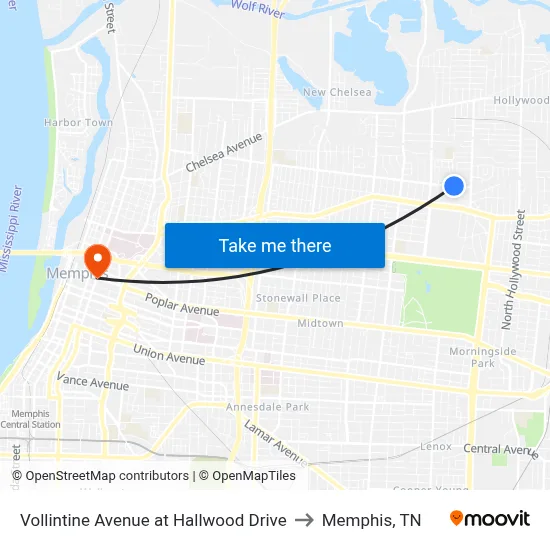 Vollintine Avenue at Hallwood Drive to Memphis, TN map