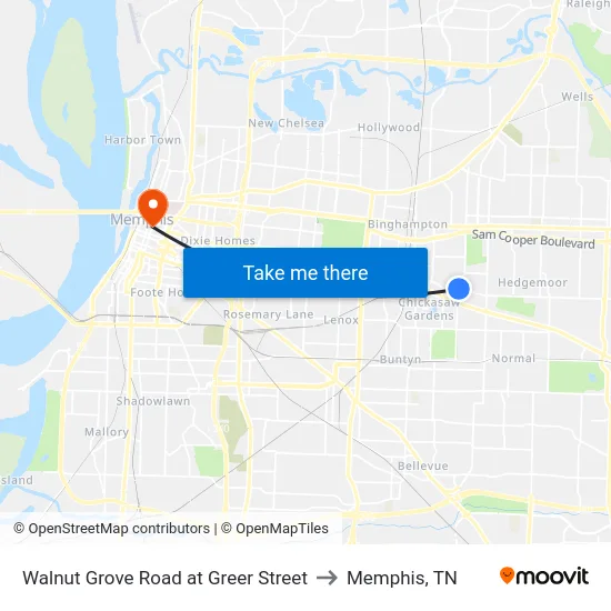 Walnut Grove Road at Greer Street to Memphis, TN map