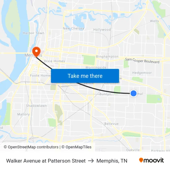 Walker Avenue at Patterson Street to Memphis, TN map