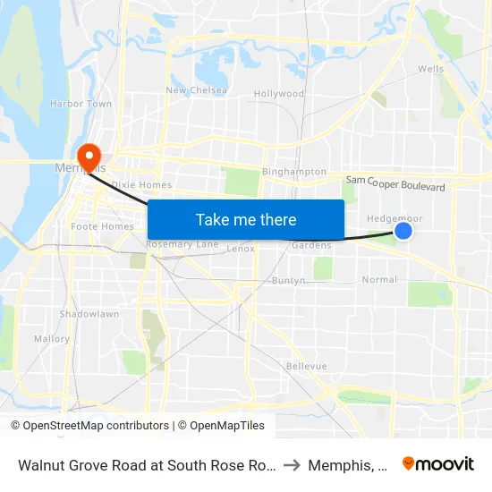 Walnut Grove Road at South Rose Road to Memphis, TN map