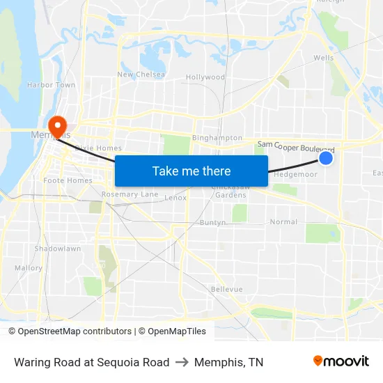 Waring Road at Sequoia Road to Memphis, TN map