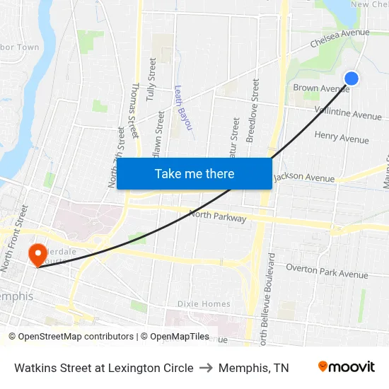 Watkins Street at Lexington Circle to Memphis, TN map