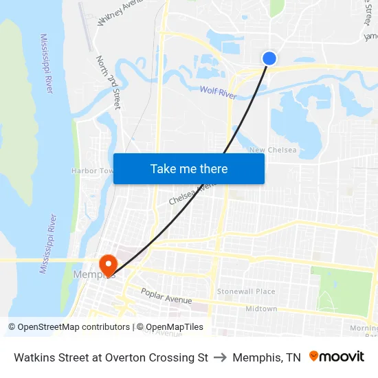Watkins Street at Overton Crossing St to Memphis, TN map