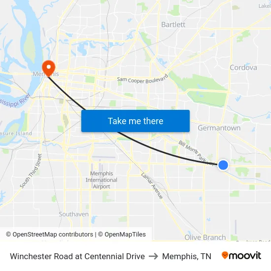 Winchester Road at Centennial Drive to Memphis, TN map