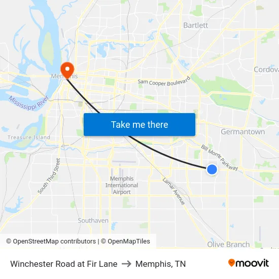 Winchester Road at Fir Lane to Memphis, TN map