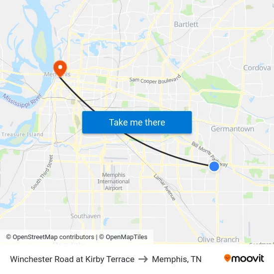 Winchester Road at Kirby Terrace to Memphis, TN map