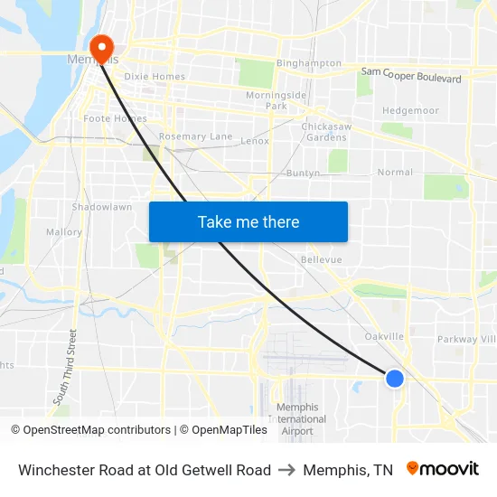 Winchester Road at Old Getwell Road to Memphis, TN map