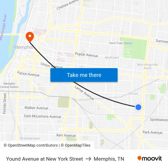 Yound Avenue at New York Street to Memphis, TN map