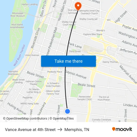Vance Avenue at 4th Street to Memphis, TN map