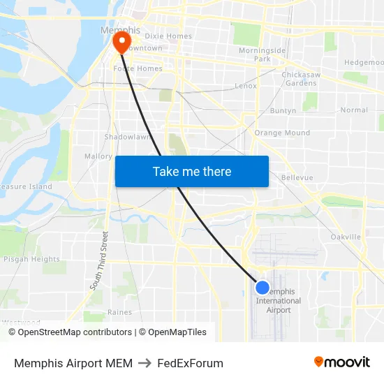 Memphis Airport MEM to FedExForum map