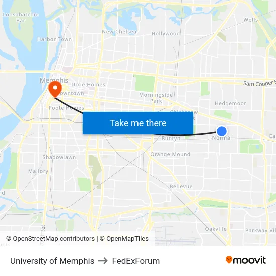 University of Memphis to FedExForum map