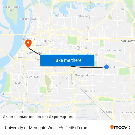 University of Memphis-West to FedExForum map