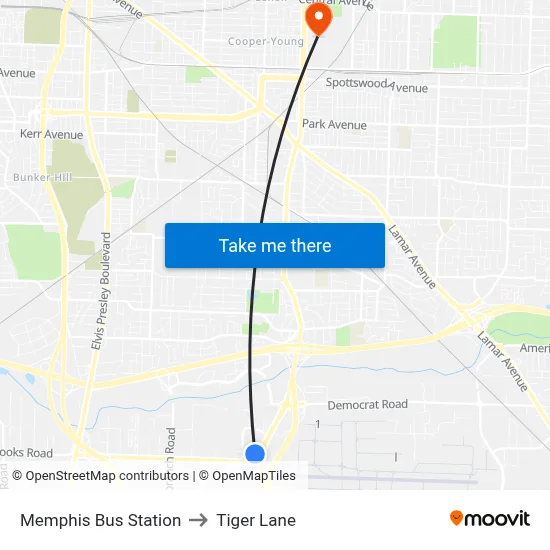 Memphis Bus Station to Tiger Lane map