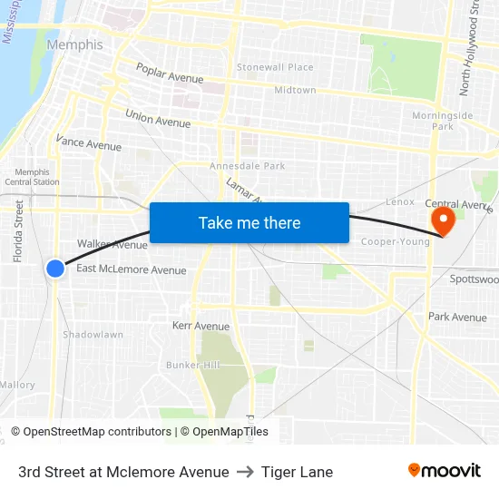 3rd Street at Mclemore Avenue to Tiger Lane map