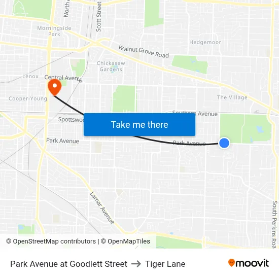 Park Avenue at Goodlett Street to Tiger Lane map