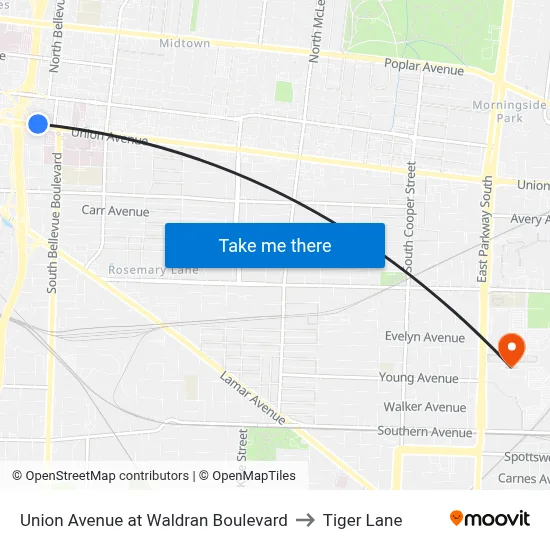 Union Avenue at Waldran Boulevard to Tiger Lane map