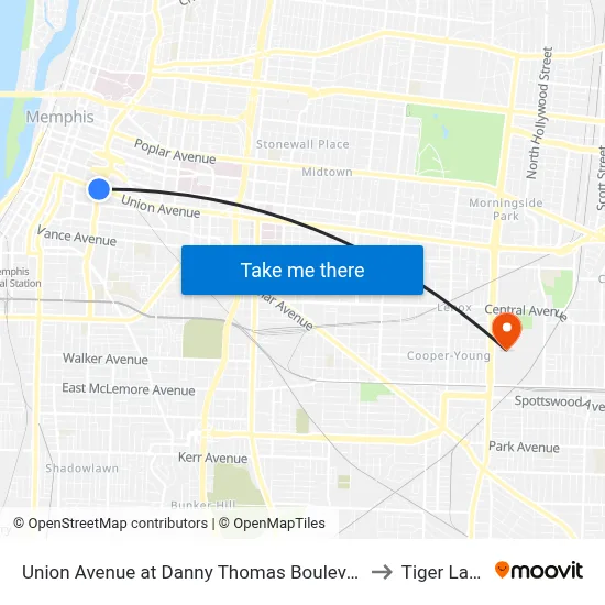 Union Avenue at Danny Thomas Boulevard to Tiger Lane map