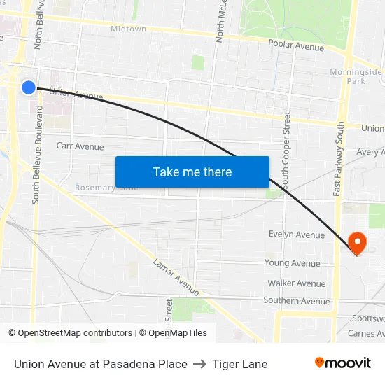Union Avenue at Pasadena Place to Tiger Lane map