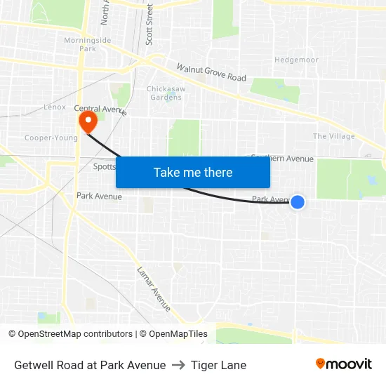 Getwell Road at Park Avenue to Tiger Lane map