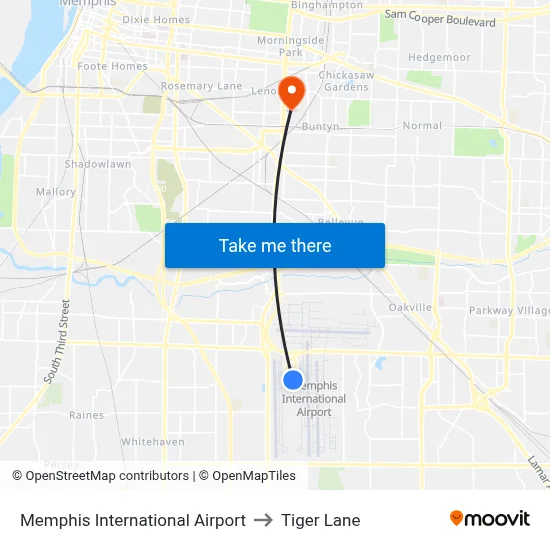 Memphis International Airport to Tiger Lane map