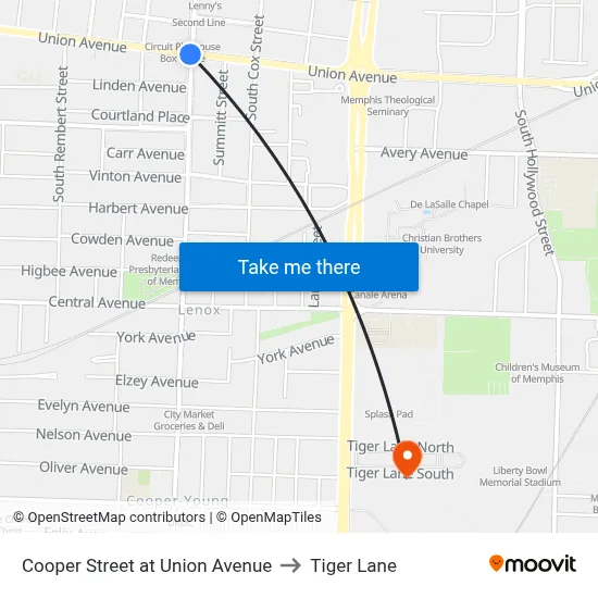 Cooper Street at Union Avenue to Tiger Lane map