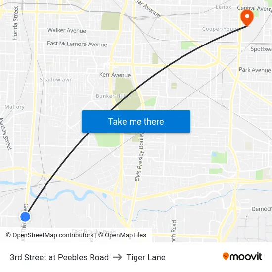 3rd Street at Peebles Road to Tiger Lane map
