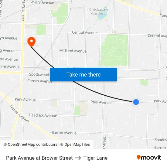 Park Avenue at Brower Street to Tiger Lane map
