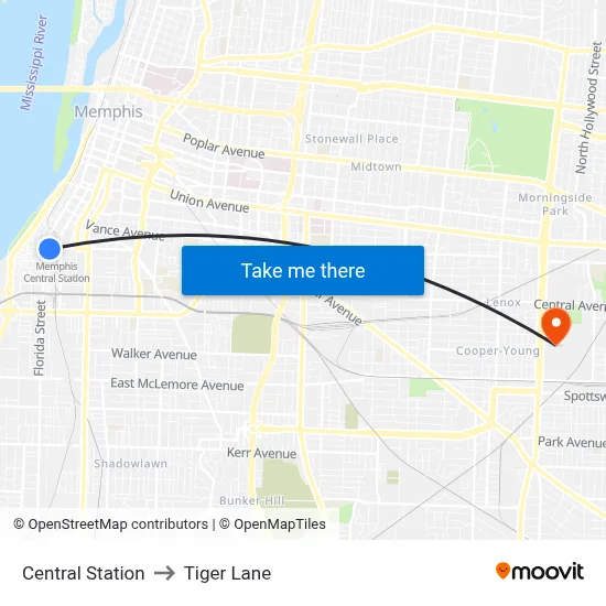 Central Station to Tiger Lane map