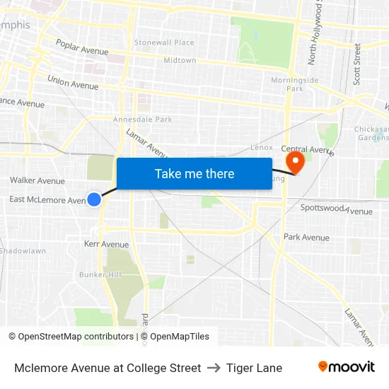Mclemore Avenue at College Street to Tiger Lane map