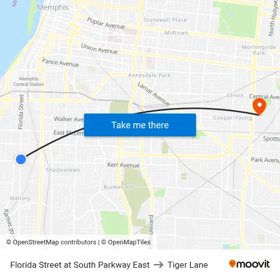 Florida Street at South Parkway East to Tiger Lane map