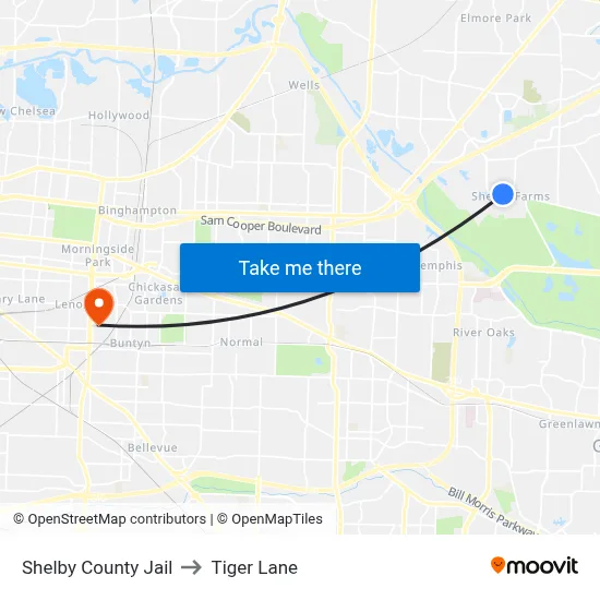Shelby County Jail to Tiger Lane map