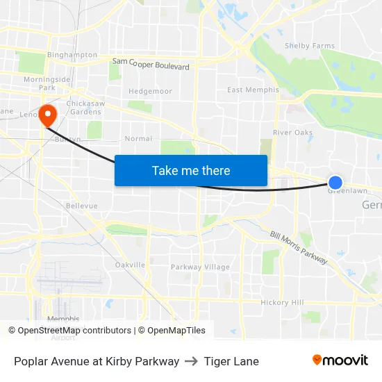 Poplar Avenue at Kirby Parkway to Tiger Lane map