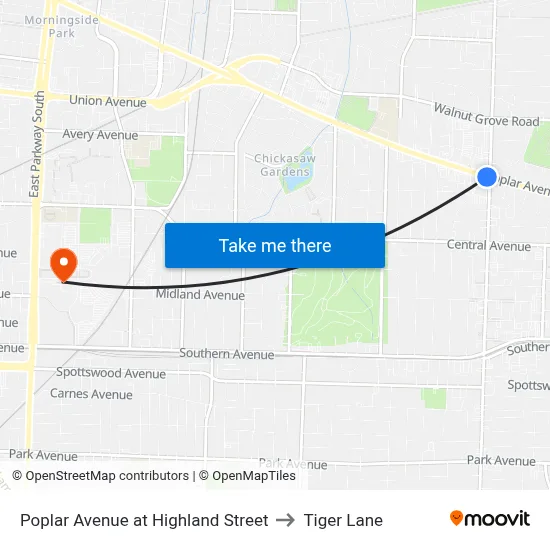 Poplar Avenue at Highland Street to Tiger Lane map