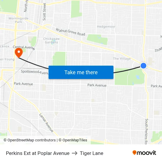 Perkins Ext at Poplar Avenue to Tiger Lane map