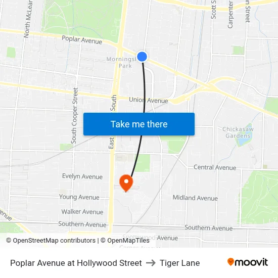 Poplar Avenue at Hollywood Street to Tiger Lane map