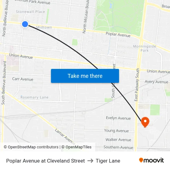 Poplar Avenue at Cleveland Street to Tiger Lane map