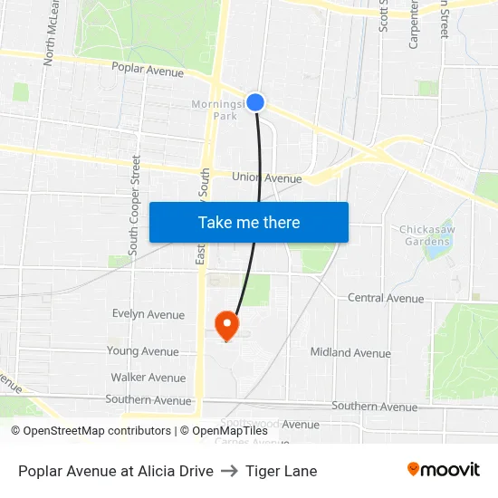 Poplar Avenue at Alicia Drive to Tiger Lane map